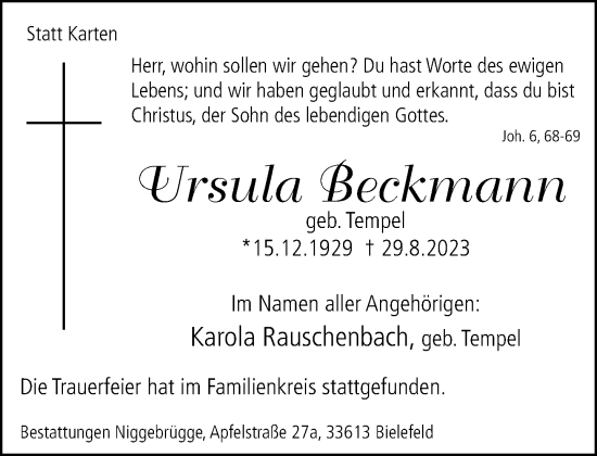 Traueranzeige von Ursula Beckmann von Neue Westfälische