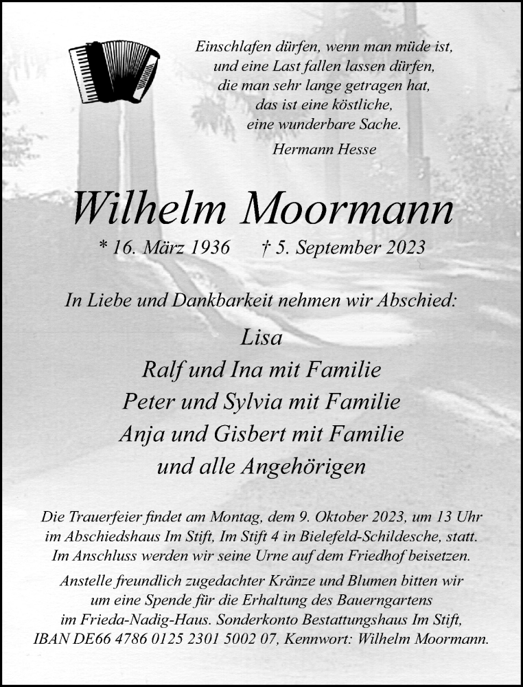  Traueranzeige für Wilhelm Moormann vom 30.09.2023 aus Neue Westfälische