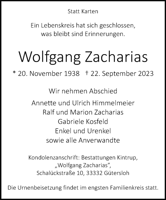 Traueranzeige von Wolfgang Zacharias von Neue Westfälische
