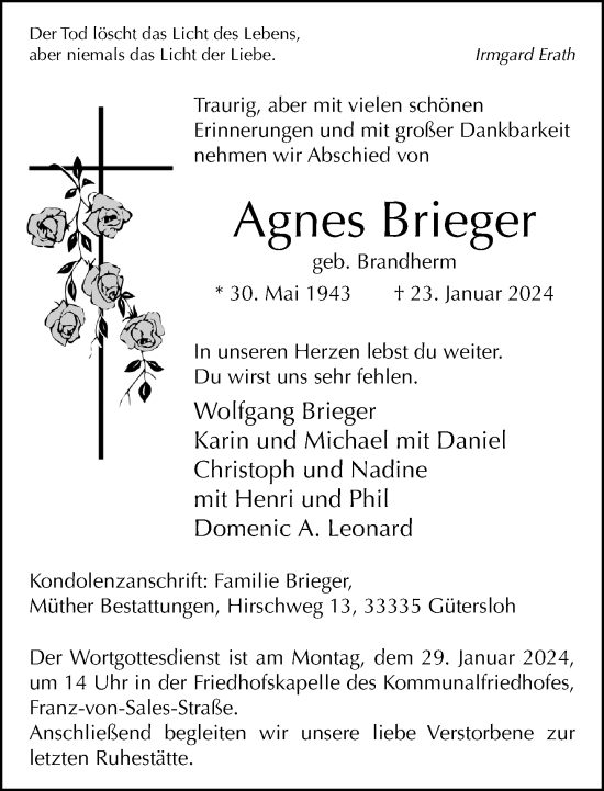 Traueranzeige von Agnes Brieger von Neue Westfälische