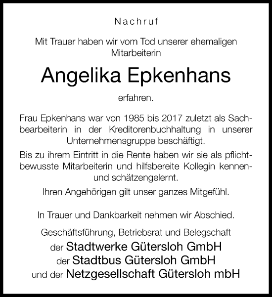 Traueranzeige von Angelika Epkenhans von Neue Westfälische