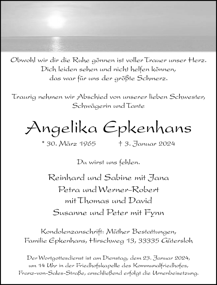  Traueranzeige für Angelika Epkenhans vom 13.01.2024 aus Neue Westfälische