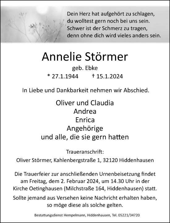 Traueranzeige von Annelie Störmer von Neue Westfälische
