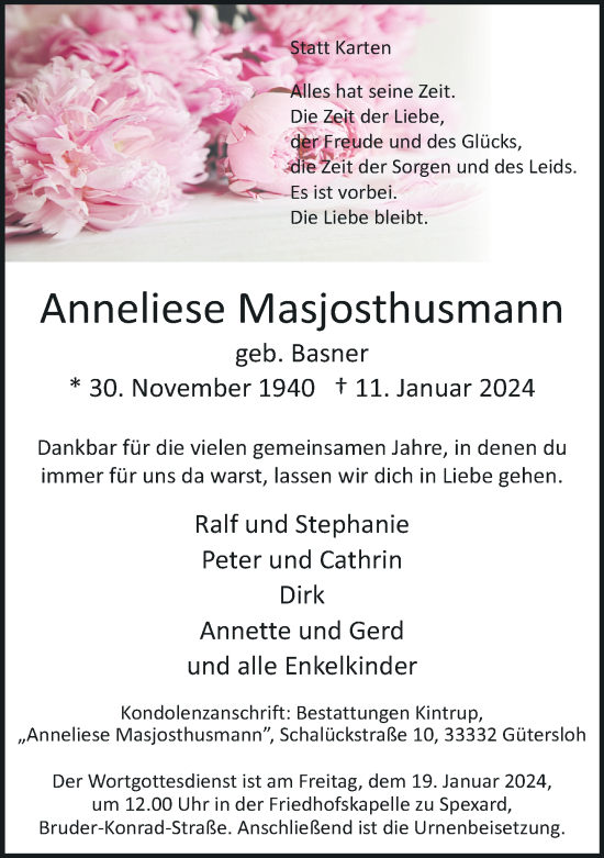 Traueranzeige von Anneliese Masjosthusmann von Neue Westfälische