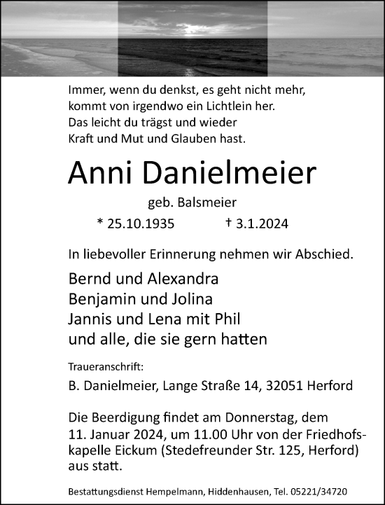 Traueranzeige von Anni Danielmeier von Neue Westfälische