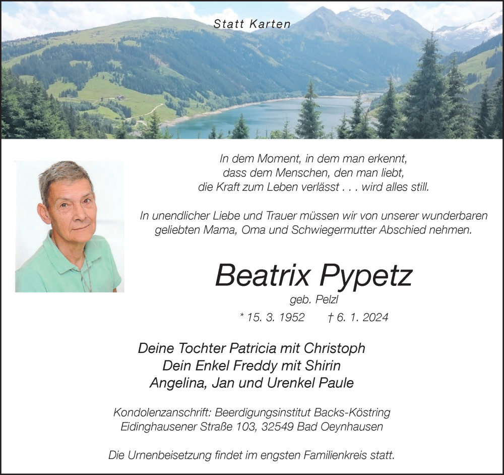  Traueranzeige für Beatrix Pypetz vom 13.01.2024 aus Neue Westfälische
