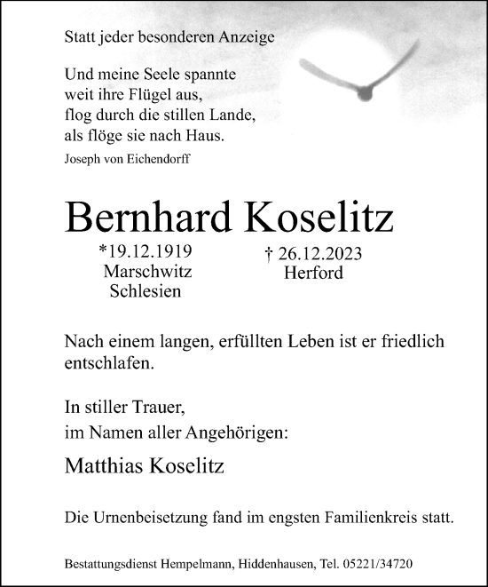 Traueranzeige von Bernhard Koselitz von Neue Westfälische