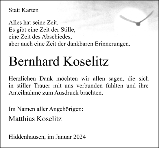 Traueranzeige von Bernhard Koselitz von Neue Westfälische