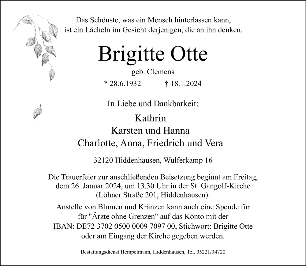  Traueranzeige für Brigitte Otte vom 20.01.2024 aus Neue Westfälische