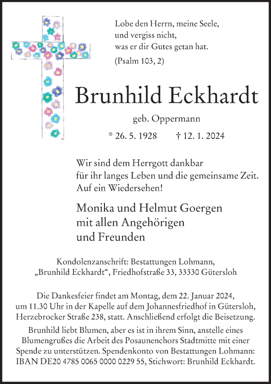 Traueranzeige von Brunhild Eckhardt von Neue Westfälische