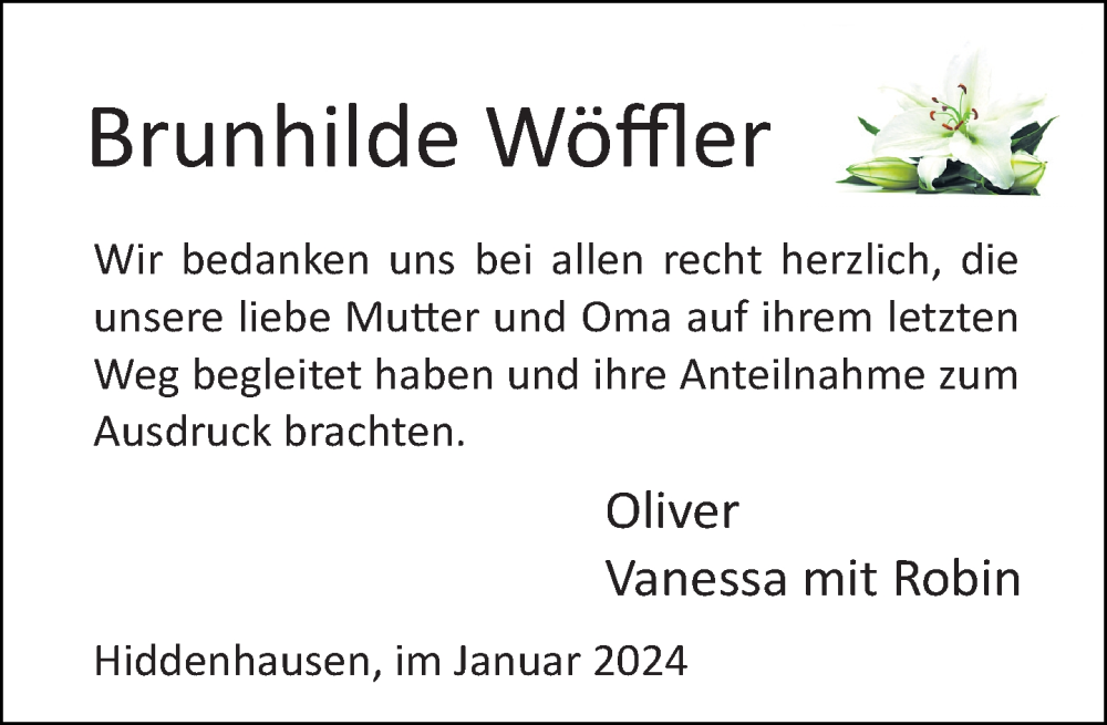  Traueranzeige für Brunhilde Wöffler vom 06.01.2024 aus Neue Westfälische