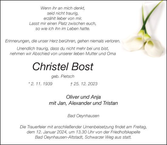 Traueranzeige von Christel Bost von Neue Westfälische