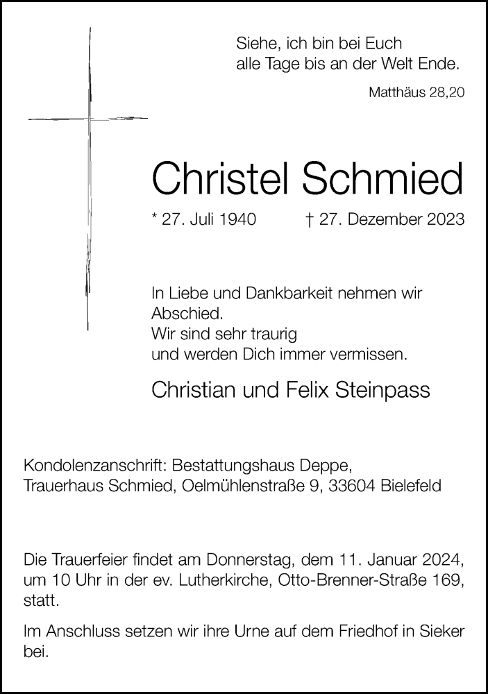  Traueranzeige für Christel Schmied vom 06.01.2024 aus Neue Westfälische