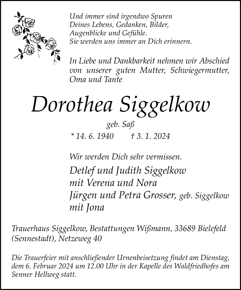  Traueranzeige für Dorothea Siggelkow vom 13.01.2024 aus Neue Westfälische