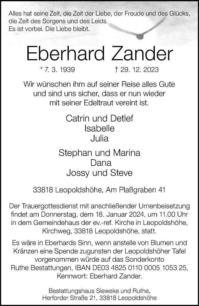  Traueranzeige für Eberhard Zander vom 06.01.2024 aus Neue Westfälische