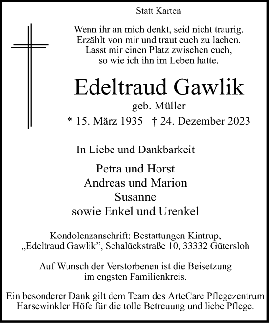 Traueranzeige von Edeltraud Gawlik von Neue Westfälische