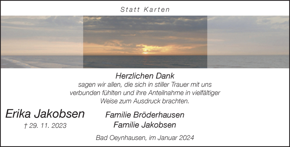  Traueranzeige für Erika Jakobsen vom 27.01.2024 aus Neue Westfälische