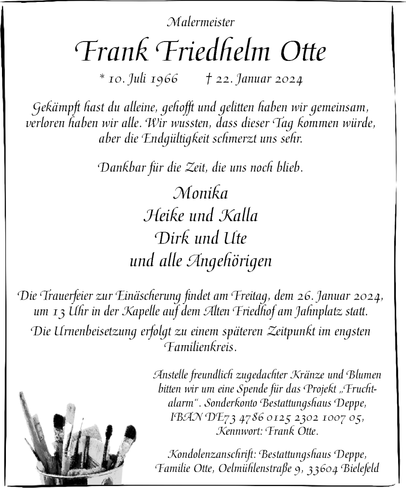  Traueranzeige für Frank Friedhelm Otte vom 24.01.2024 aus Neue Westfälische