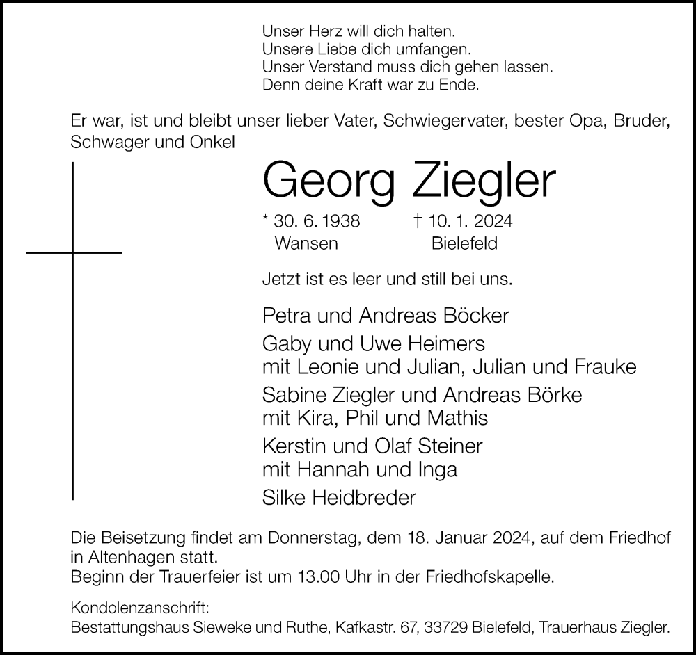  Traueranzeige für Georg Ziegler vom 13.01.2024 aus Neue Westfälische