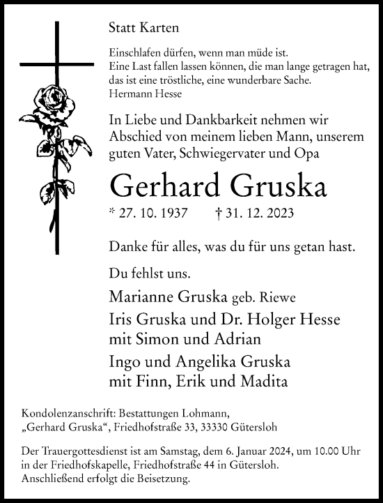 Traueranzeige von Gerhard Gruska von Neue Westfälische