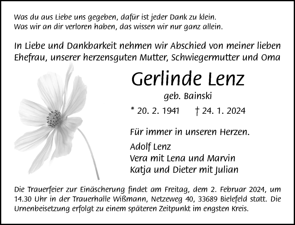  Traueranzeige für Gerlinde Lenz vom 27.01.2024 aus Neue Westfälische