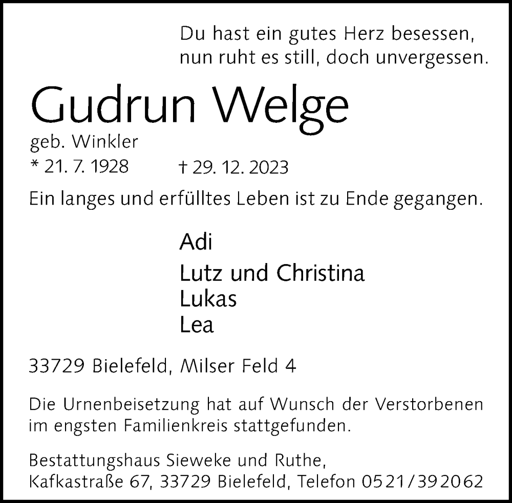 Traueranzeige für Gudrun Welge vom 13.01.2024 aus Neue Westfälische