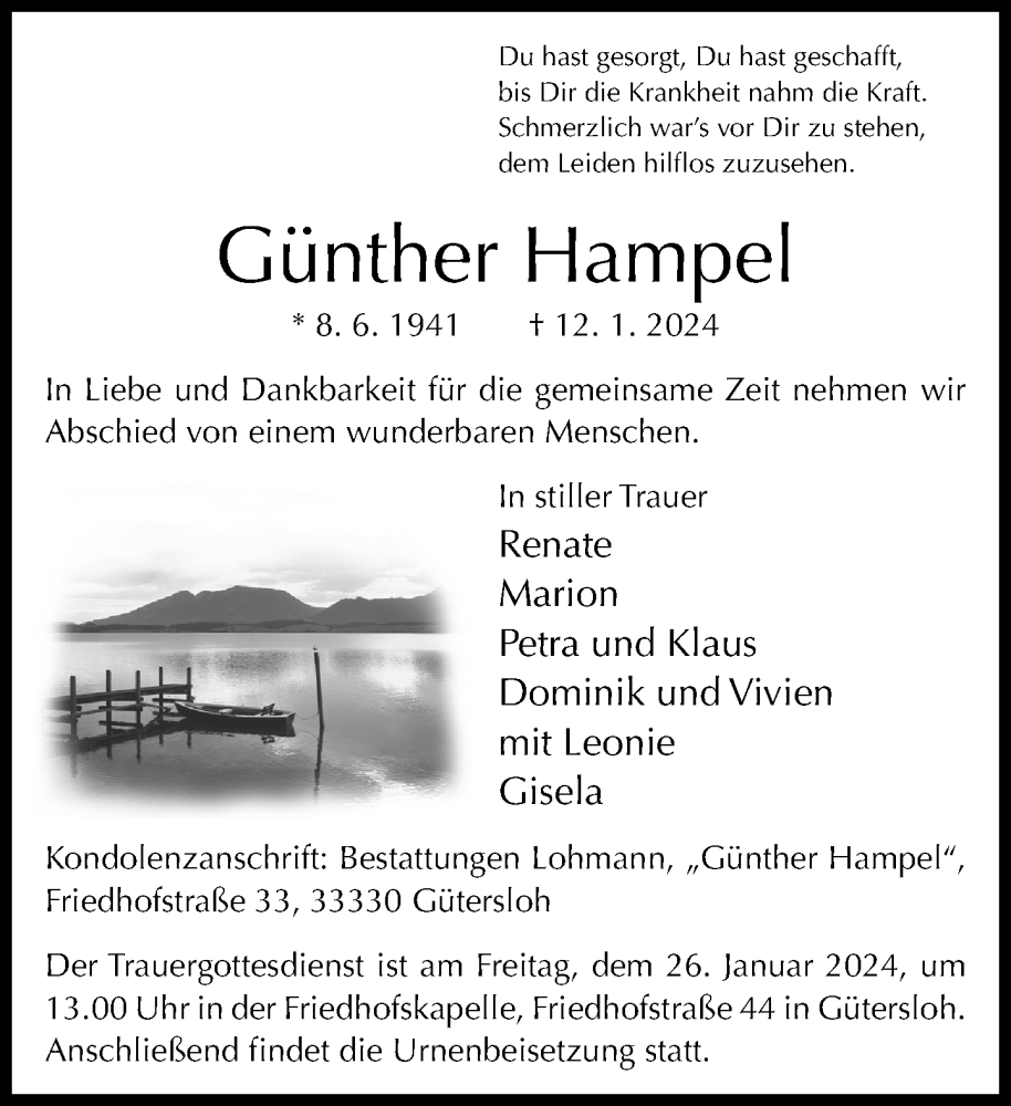 Traueranzeige für Günther Hampel vom 20.01.2024 aus Neue Westfälische