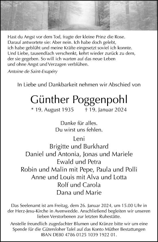 Traueranzeige von Günther Poggenpohl von Neue Westfälische
