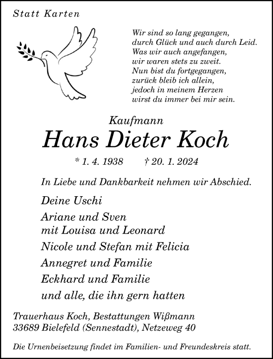 Traueranzeige von Hans Dieter Koch von Neue Westfälische