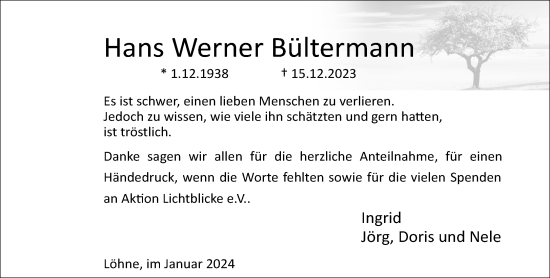 Traueranzeige von Hans Werner Bültermann von Neue Westfälische