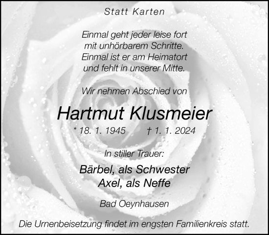 Traueranzeige von Hartmut Klusmeier von Neue Westfälische