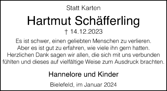 Traueranzeige von Hartmut Schäfferling von Neue Westfälische