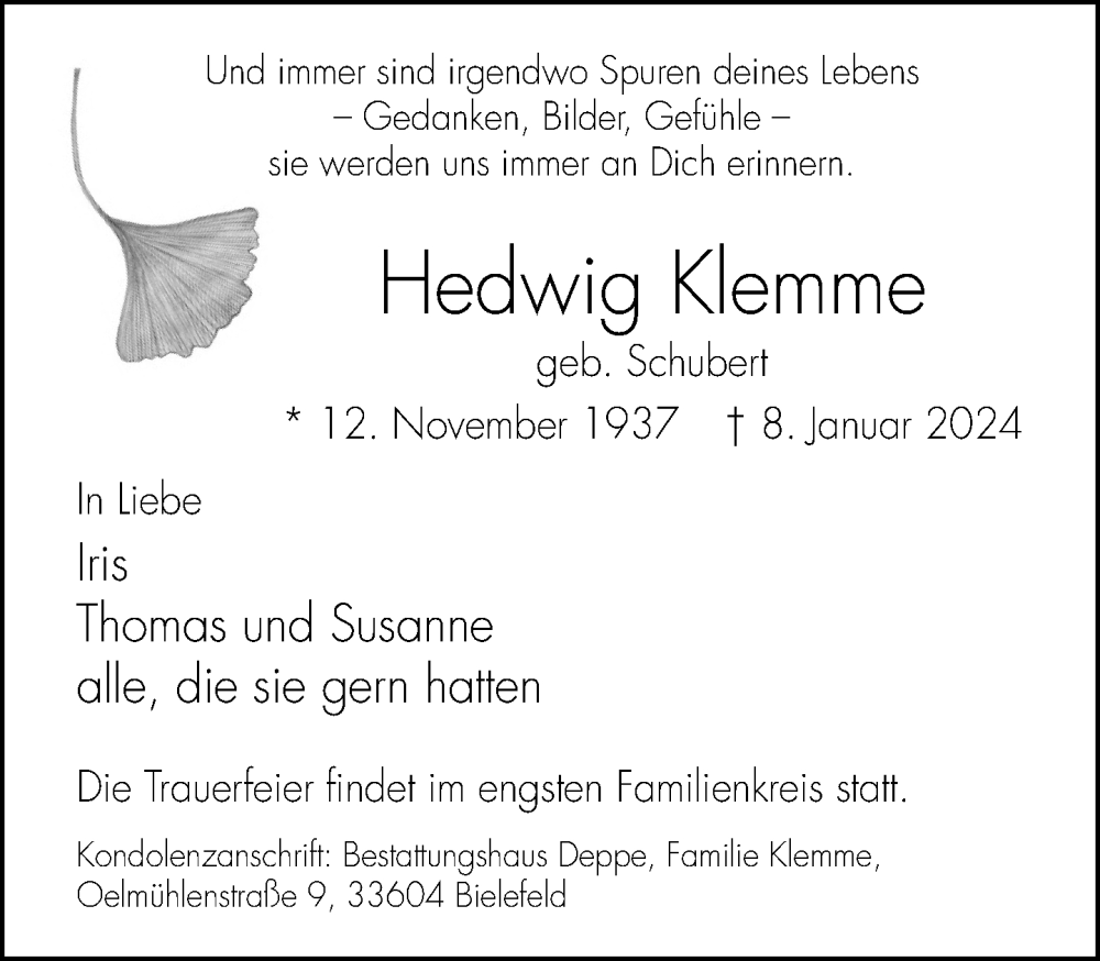  Traueranzeige für Hedwig Klemme vom 20.01.2024 aus Neue Westfälische