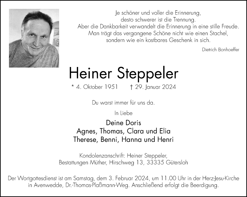  Traueranzeige für Heiner Steppeler vom 31.01.2024 aus Neue Westfälische