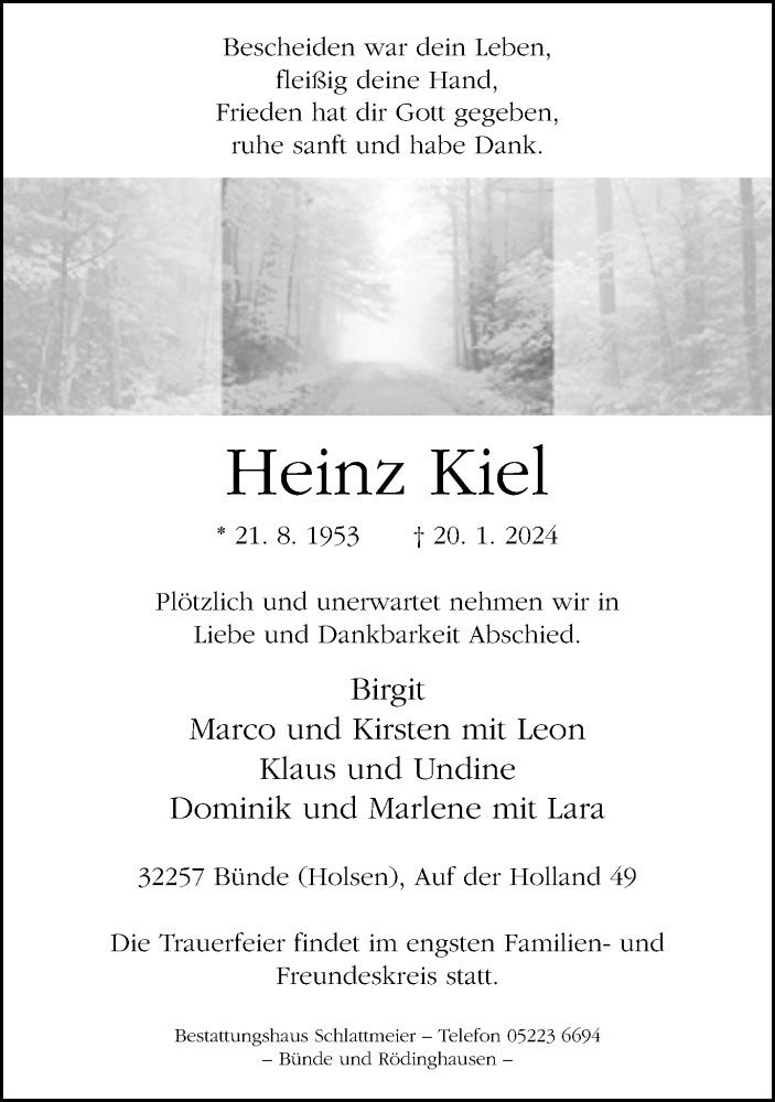  Traueranzeige für Heinz Kiel vom 27.01.2024 aus Neue Westfälische