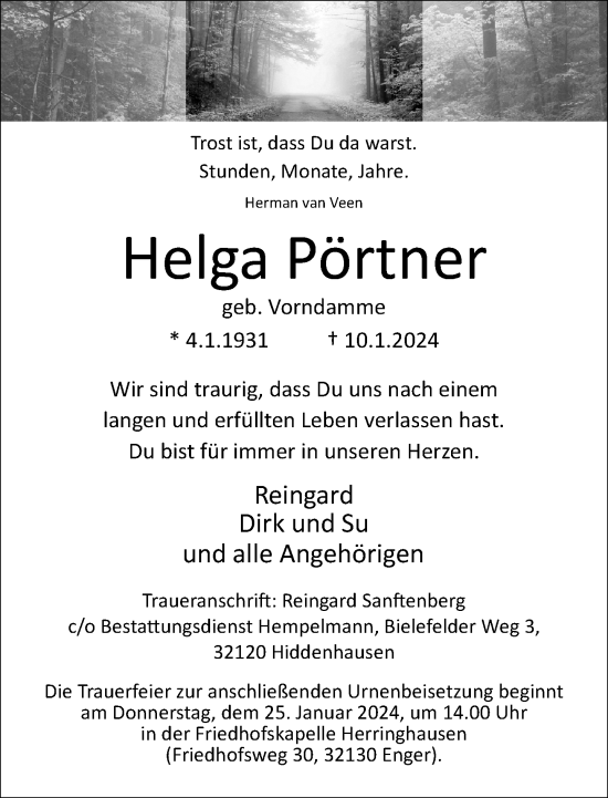 Traueranzeige von Helga Pörtner von Neue Westfälische