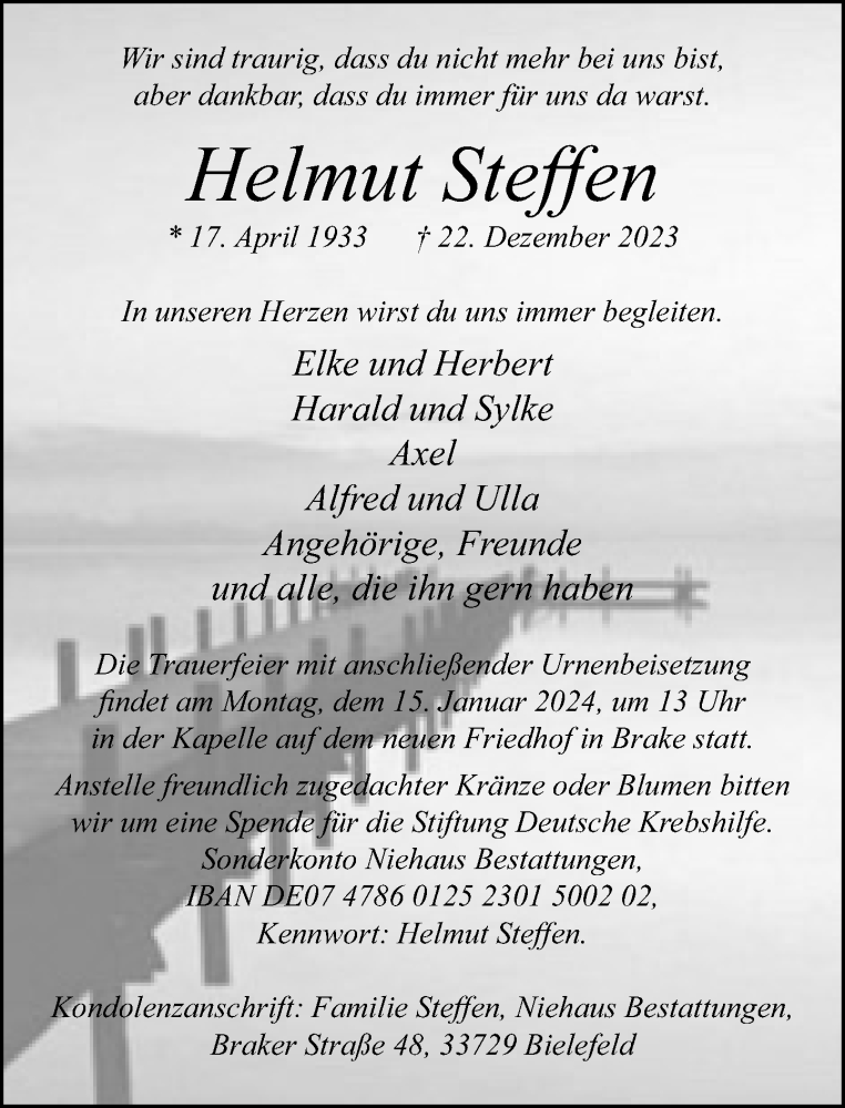  Traueranzeige für Helmut Steffen vom 06.01.2024 aus Neue Westfälische