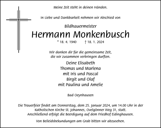 Traueranzeige von Hermann Monkenbusch von Neue Westfälische