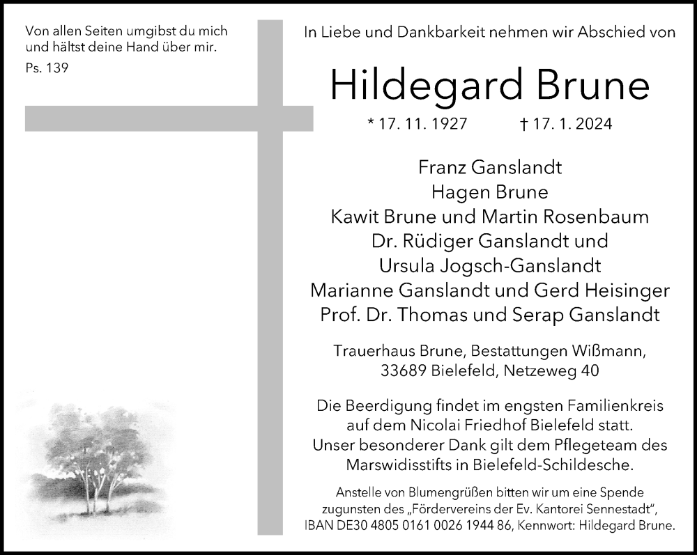  Traueranzeige für Hildegard Brune vom 20.01.2024 aus Neue Westfälische
