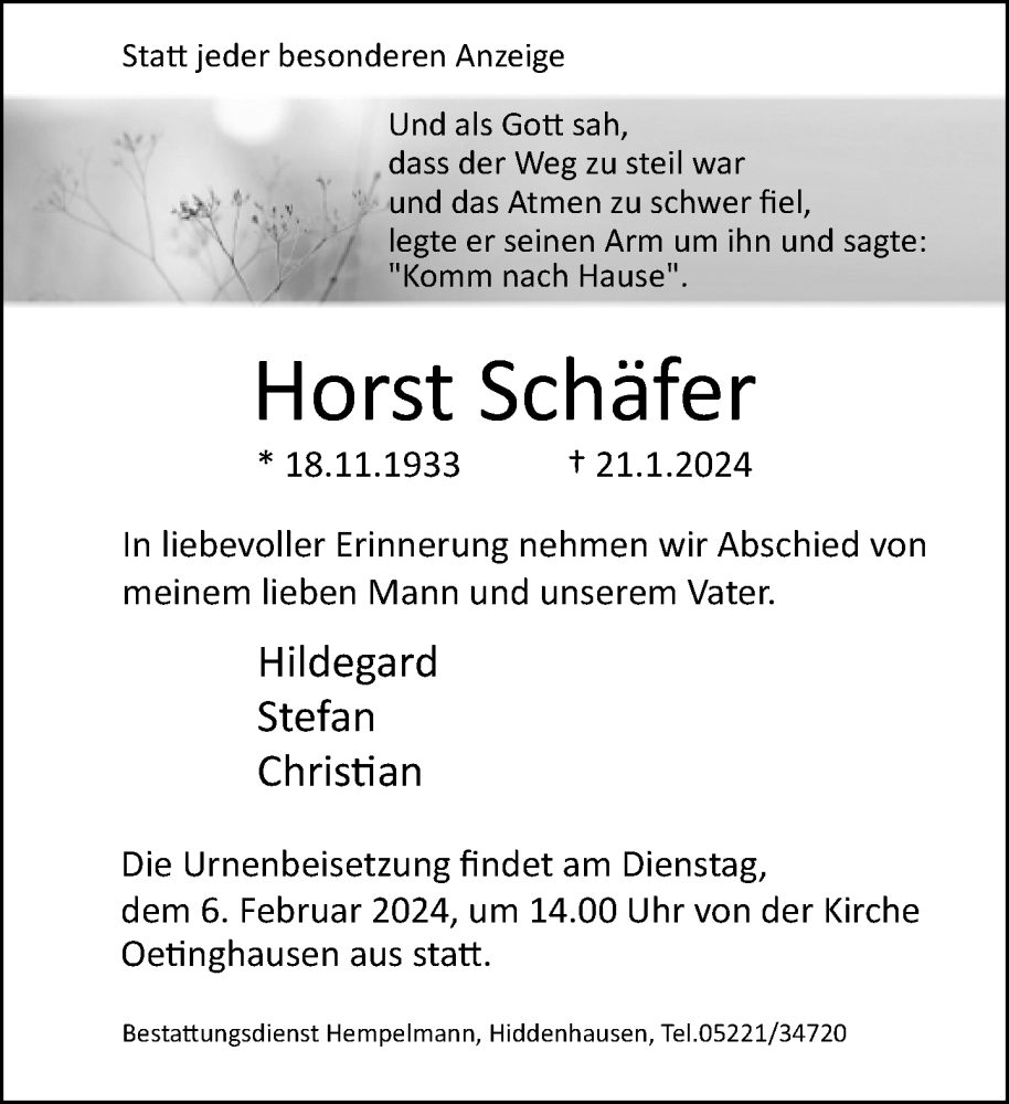  Traueranzeige für Horst Schäfer vom 27.01.2024 aus Neue Westfälische