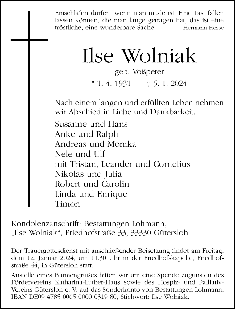  Traueranzeige für Ilse Wolniak vom 09.01.2024 aus Neue Westfälische