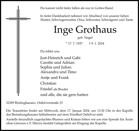 Traueranzeige von Inge Grothaus von Neue Westfälische