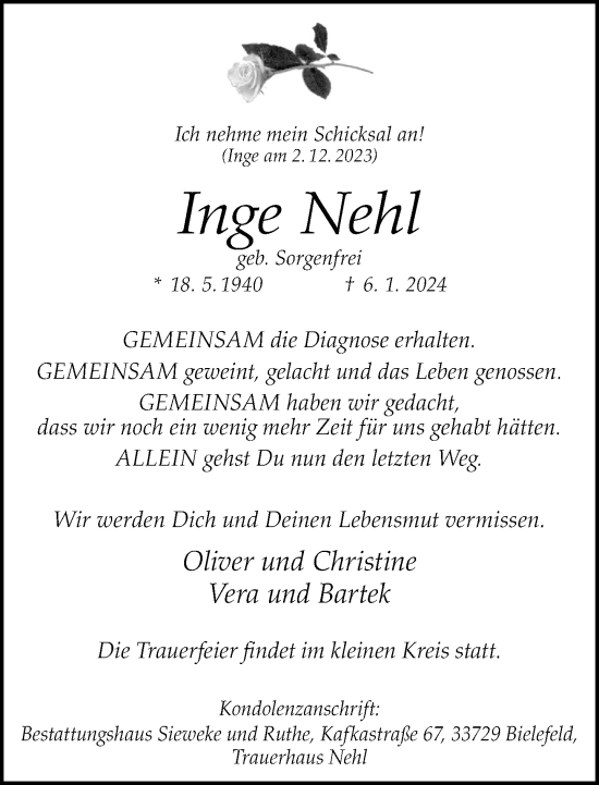 Traueranzeige von Inge Nehl von Neue Westfälische
