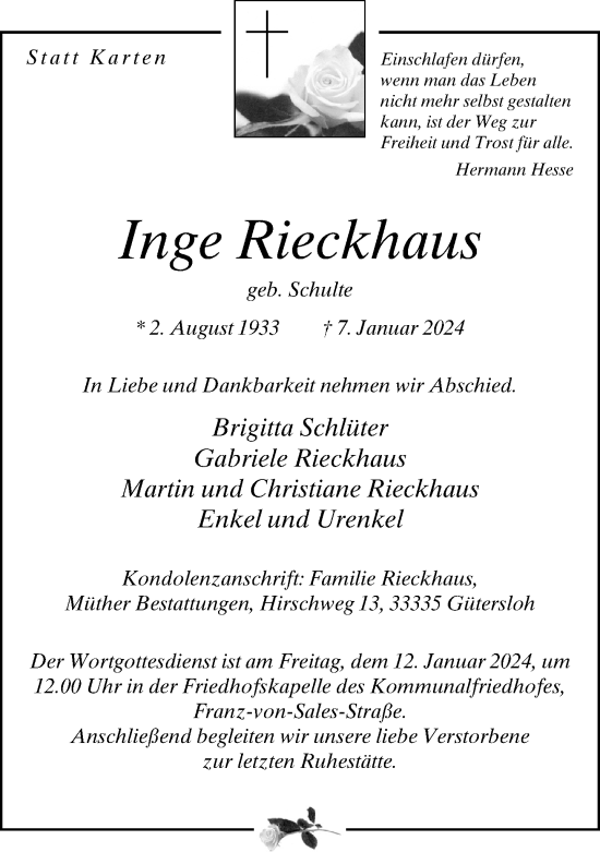 Traueranzeige von Inge Rieckhaus von Neue Westfälische