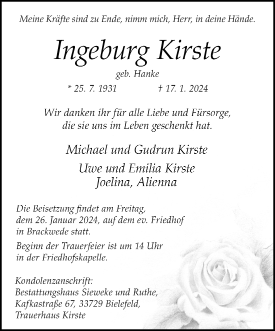 Traueranzeige von Ingeburg Kirste von Neue Westfälische