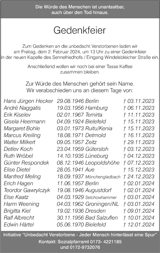 Traueranzeige von In Gedenken  von Neue Westfälische