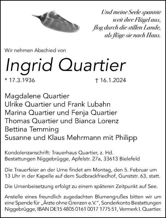 Traueranzeige von Ingrid Quartier von Neue Westfälische