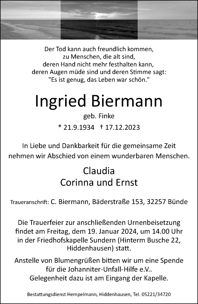  Traueranzeige für Ingried Biermann vom 03.01.2024 aus Neue Westfälische