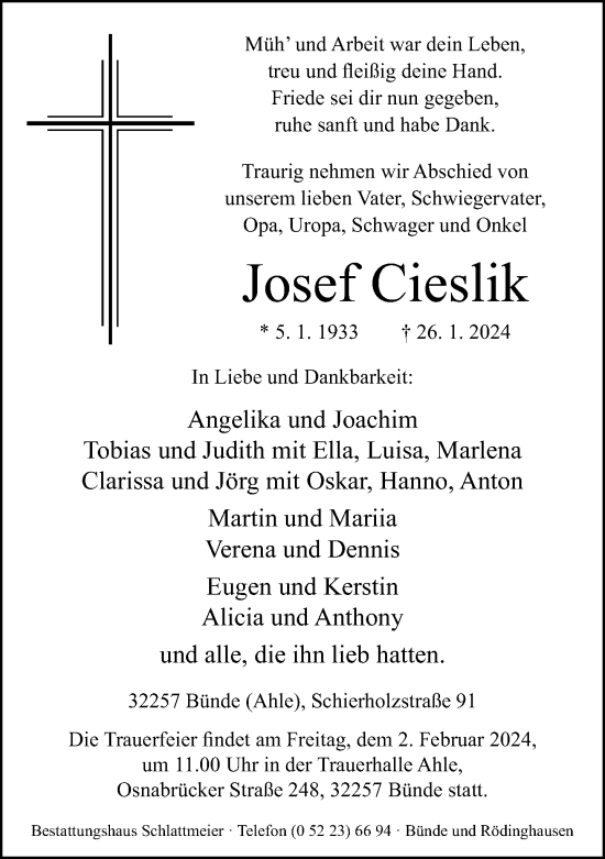 Traueranzeige von Josef Cieslik von Neue Westfälische