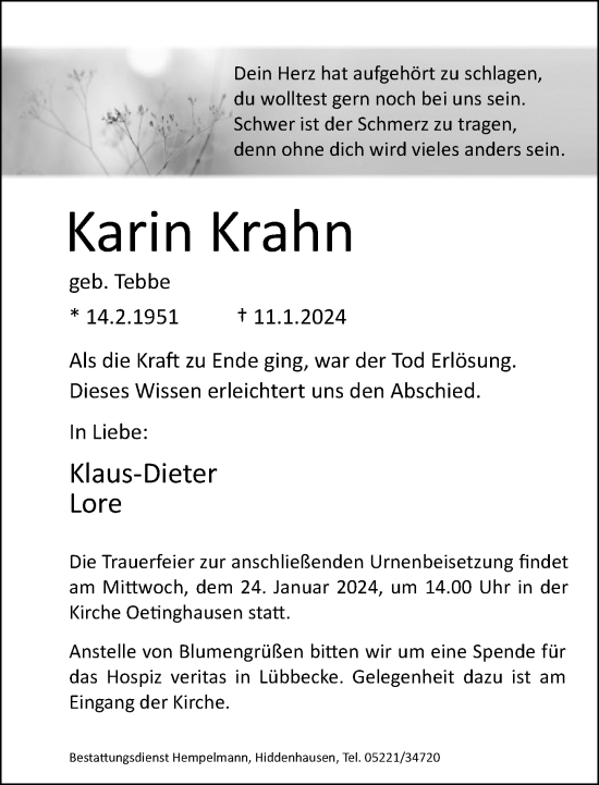 Traueranzeige von Karin Krahn von Neue Westfälische